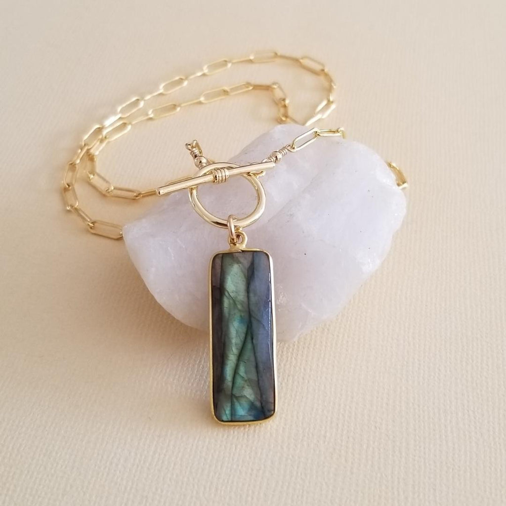 Gold Labradorite Necklace, Paperclip Chain Necklace with Labradorite Pendant, Gift for Her, Handmade Necklace in the USA