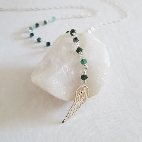 Bohemian Beaded Necklace for Women, Raw Emerald Y Necklace with Angel Wing, Gift for Her