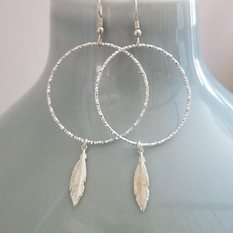 Bohemian Sterling Silver Hoop Earrings, Feather Earrings