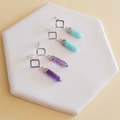 Amethyst Crystal Earrings, Amazonite Spike Earrings, Gemstone Dangle Earrings, Gift for Her, Dainty Stone Earrings, Sterling Silver Earrings