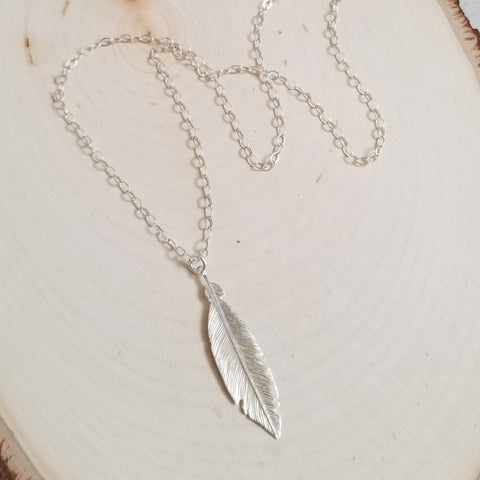 Long Silver Feather necklace, bohemian style jewelry