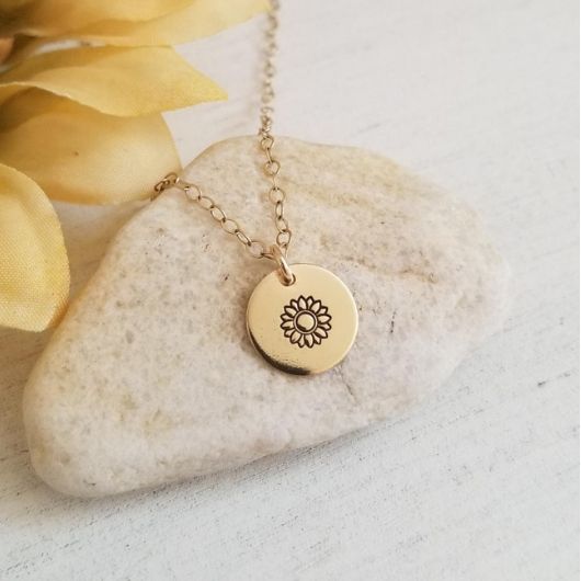 Dainty Gold Sunflower Necklace, Custom Stamped Disc Necklace