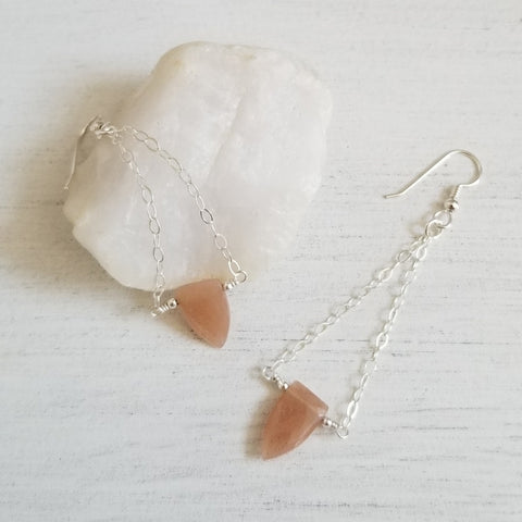 Long gemstone earrings, Sunstone chain earrings, 