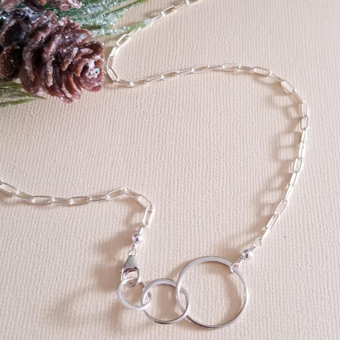 Modern Sterling Silver Three Circles Necklace, Paperclip Chain