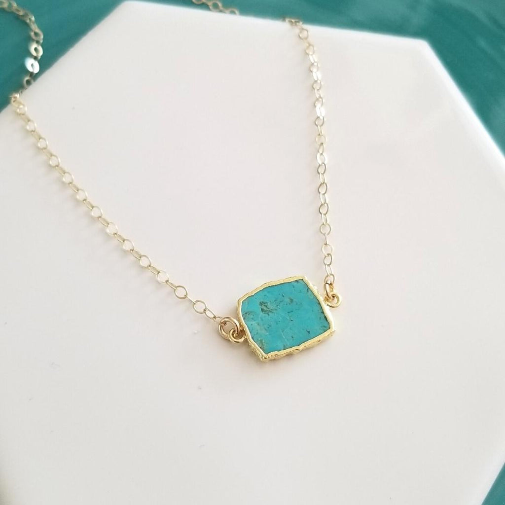 Turquoise Necklace, Turquoise Slice Pendant, Gold Turquoise Choker, Gold Layering Gemstone Jewelry, Thin Gold Chain, Jewelry Gift for Her