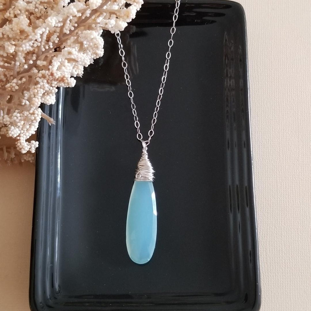 Long Aqua Chalcedony Pendant Necklace Sterling Silver or 14K Gold Fil Fabulous Creations Jewelry