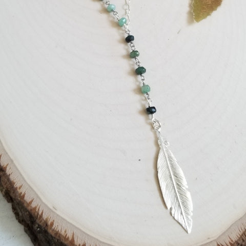 Raw Emerald Necklace with Feather
