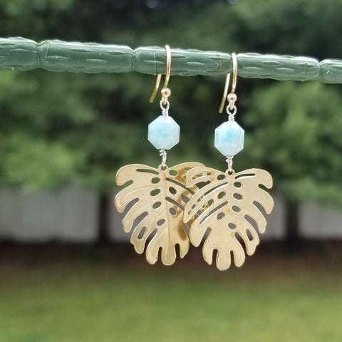 Gold Monstera Leaf Earrings, Amazonite Earrings, Statement Earrings Handmade in the USA