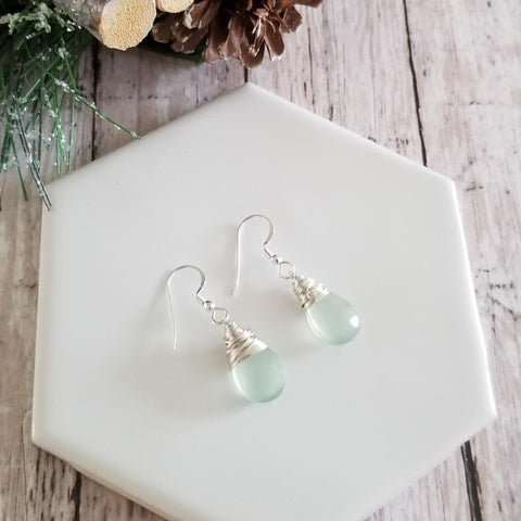 Aqua Chalcedony Earrings, Wire Wrapped Aqua Chalcedony Dangle Earrings, Gemstone Drop Earrings, Gift for Her, Dainty Stone Earrings