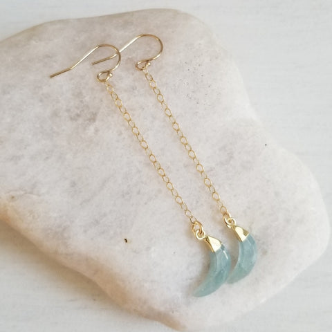 Long gold chain earrings with Aquamarine Moons