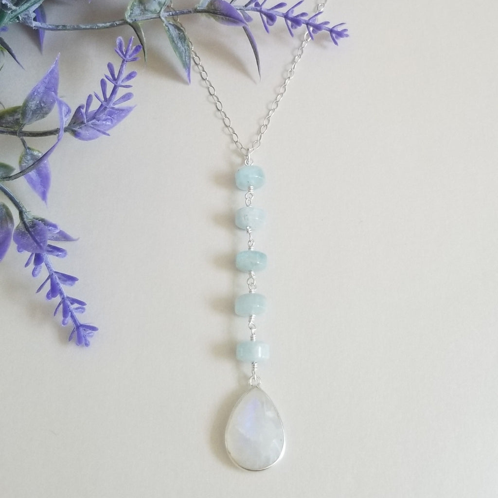 Aquamarine and Moonstone Long Pendant Necklace, Center Y Drop Necklace