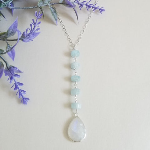 Aquamarine and Moonstone Long Pendant Necklace, Center Y Drop Necklace