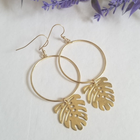 Monstera Leaf Hoop Earrings, Bohemian Wedding Jewelry, Gift for Bridesmaids