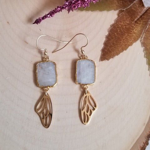 Long Gold Earrings, Butterfly Wing Earrings with Moonstone