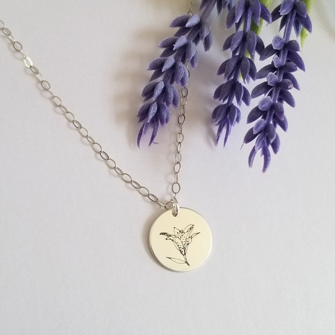 lily flower necklace Dainty Lily Flower Disc Necklace, Sterling Silver or Gold 16 inches / Sterling Silver / Smooth