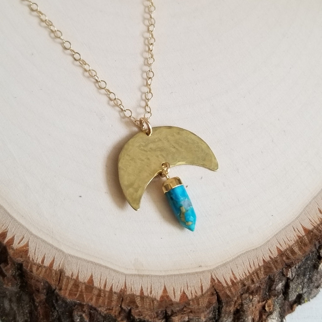 Natural Turquoise Pendant Necklace, Crescent Moon Necklace