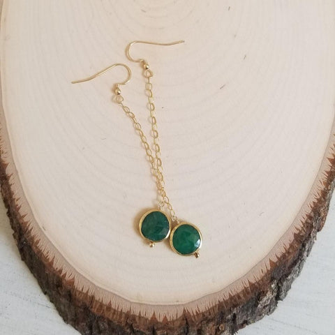 Raw Emerald Earrings, Long Gold Earrings