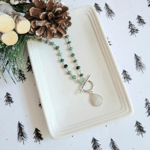 Front Toggle Moonstone Necklace, Beaded Emerald Chain Necklace, Rosary Chain Necklace