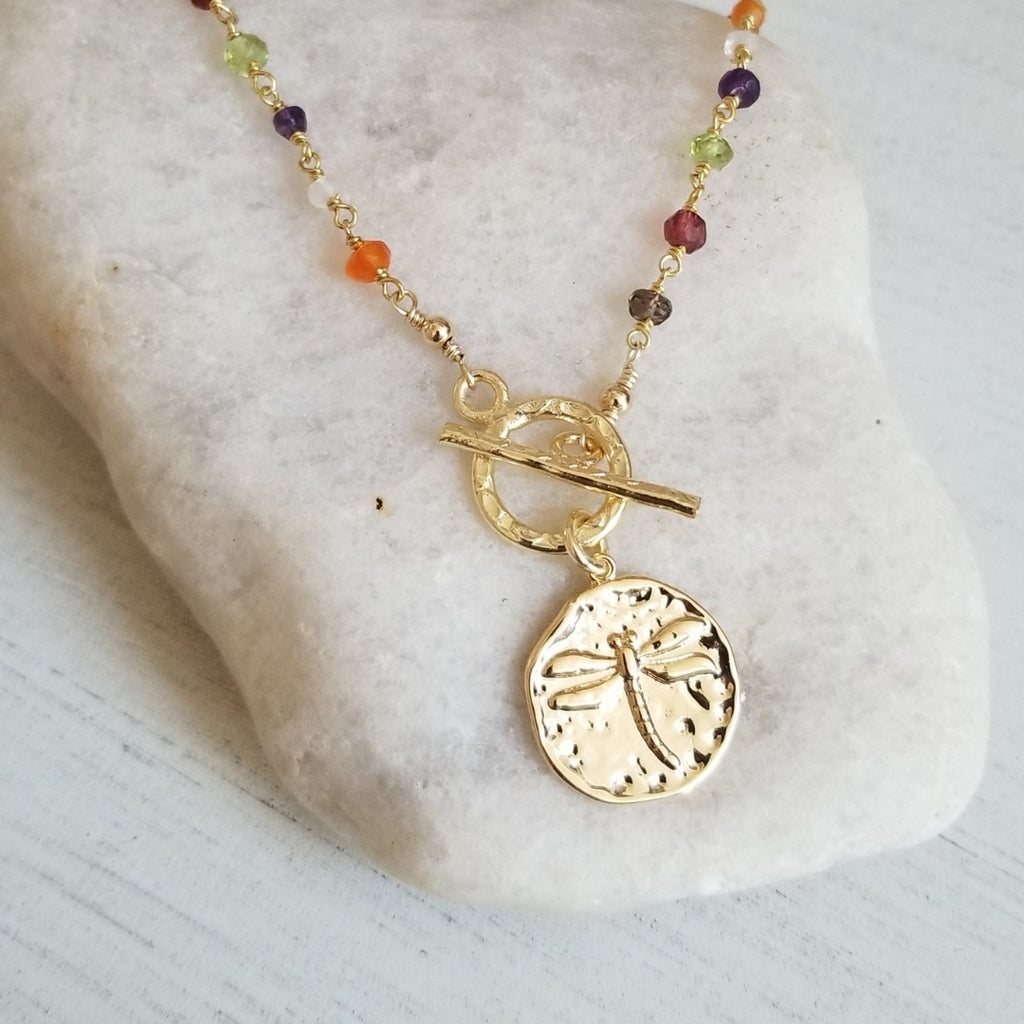 Gold Front Toggle Coin Necklace Gemstone Dragonfly Charm Necklace