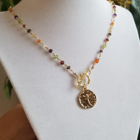 Gemstone Rosary Chain Necklace, Gold Medallion Necklace