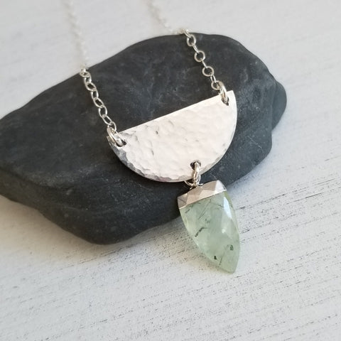 Hammered Half Moon Pendant, One of a kind Prehnite Necklace for Women