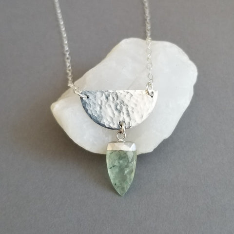 Sterling Silver Hammered Half Moon Necklace with Prehnite Gemstone
