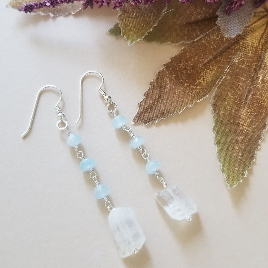 Aquamarine and Moonstone Dangle Earrings, Sterling Silver or Gold Filled