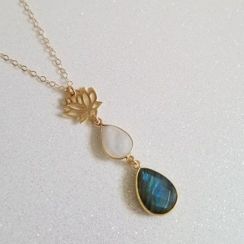 gold lotus flower necklace, gemstone statement necklace
