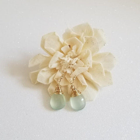 Aqua Chalcedony Earrings, Dainty Wire Wrapped Gemstone Earrings