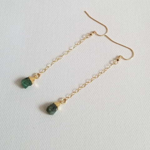 Raw Emerald Gemstone Drop Earrings, May birthstone, birthday gift