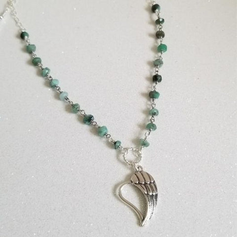 Dainty Emerald Necklace with Silver Angel Wing Heart Charm
