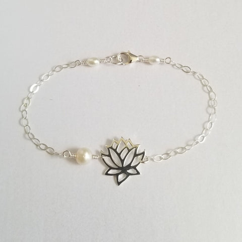 Dainty Sterling Silver Lotus Flower Bracelet, Delicate Pearl Bracelet, Simple Bracelet