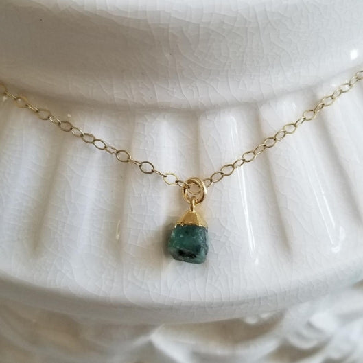 Dainty Raw Emerald Necklace, Gold Filled or Sterling Silver