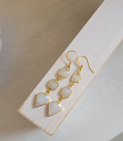 Natural Moonstone Earrings, Long Gold Stone Earrings, Gemstone Statement Earrings, Anniversary Gift for Wife