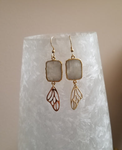 Handmade Gold Butterfly Wing Earrings with Rainbow Moonstone