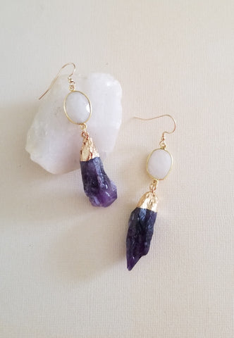 Bohemian Amethyst and Moonstone Dangle Earrings, Long Crystal Earrings