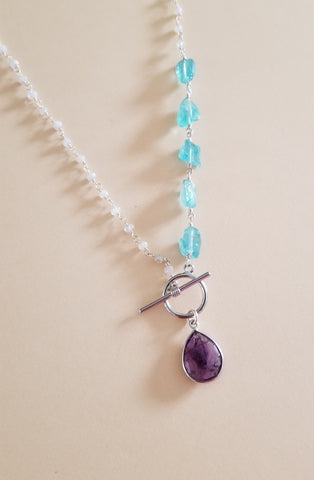 Raw Blue Apatite and Amethyst Stone Necklace, Beaded Moonstone Chain