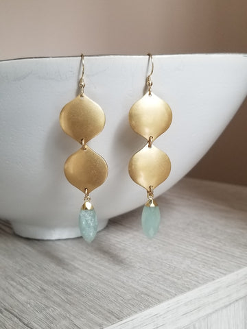 Gold Teardrop Earrings with Aquamarine, Gold Drop Earrings, Statement Earrings, Aquamarine Earrings, Raw Crystal Dangle Earrings, Boho Stone Earrings