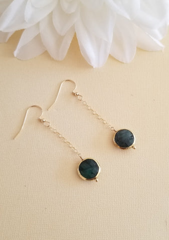 Raw Emerald Earrings, Long Gold Earrings