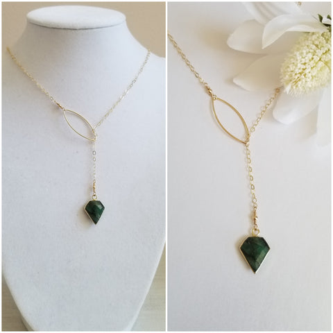 Gold Emerald Lariat Necklace, Raw Emerald Jewelry Handmade in the USA