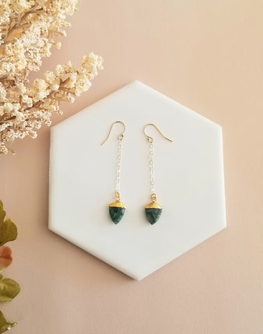 Raw Emerald Dangle Earrings, Gold Chain Earrings, Handmade Earrings for Women