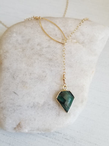 Bohemian Gemstone Lariat, Natural Emerald Y Necklace
