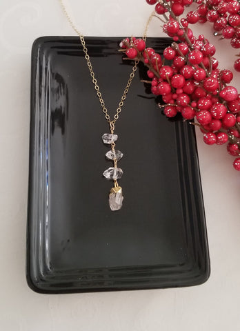 Herkimer Diamond Necklace, Raw Crystal Necklace, Gold Gemstone Y Necklace, Christmas Gift for Women
