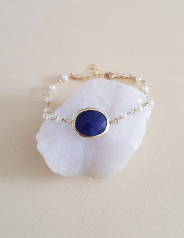 Dainty Pearl Bracelet, Sapphire Bracelet, September Birthstone, Something Blue Wedding Jewelry