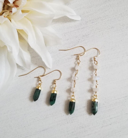 Emerald Earrings Gold, Bohemian wedding, Long gemstone earrings