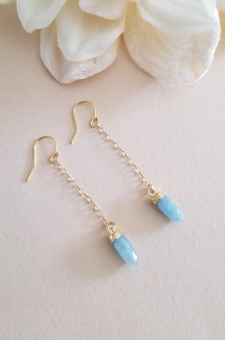 Raw Aquamarine Earrings, Long Gold Filled Chain Earrings