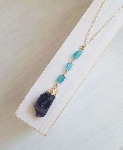 Boho Necklace, Raw Crystal Pendant Necklace, Apatite and Amethyst Necklace