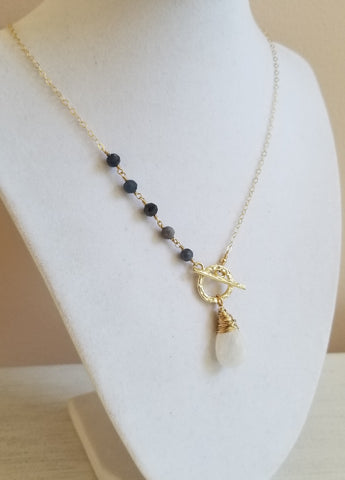 Sapphire Necklace, Moonstone Teardrop Necklace, Gold Front Toggle Necklace