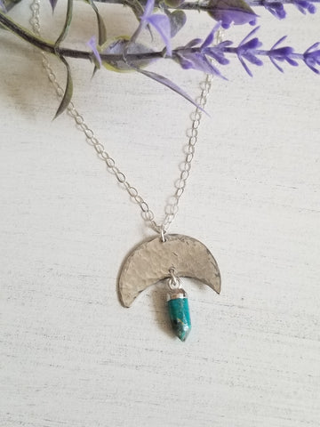 Silver Moon Pendant, Turquoise Necklace, Bohemian Style