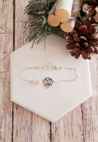 Sterling Silver Lotus Flower Bracelet, Dainty Pearl Bracelet, Gift for Her Yoga Jewelry